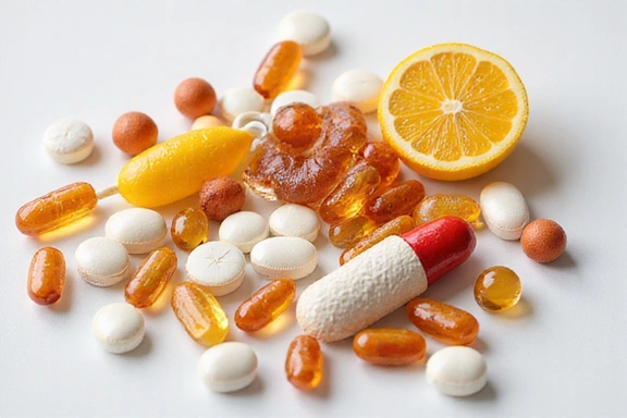 Isang abstract na larawan ng mga bitamina at supplement, sumisimbolo sa pagpapalakas ng kalusugan, na may malinis at modernong disenyo.