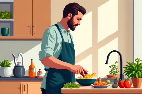 Isang abstract na larawan ng isang lalaki na nagluluto ng masustansiyang pagkain sa kusina, sumisimbolo sa malusog na pagkain at paghahanda ng pagkain.