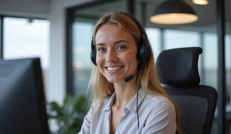 Customer service representative talking on a headset