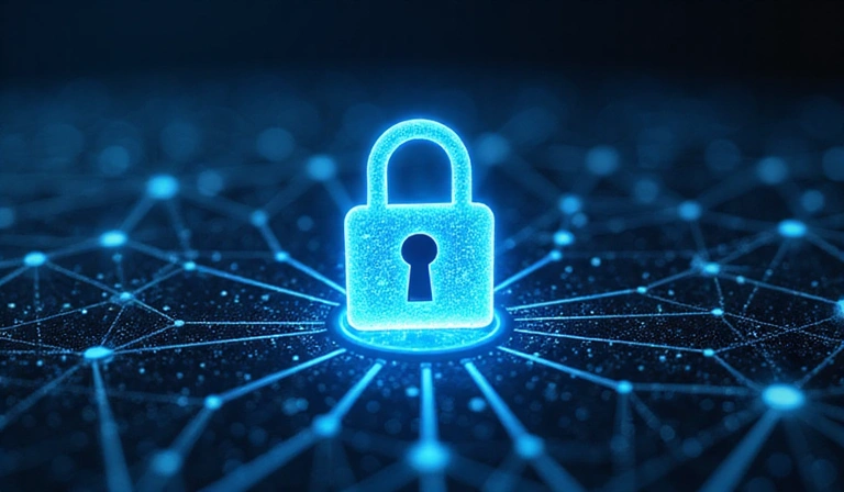 Digital privacy concept, showing a lock icon over a network of interconnected devices.